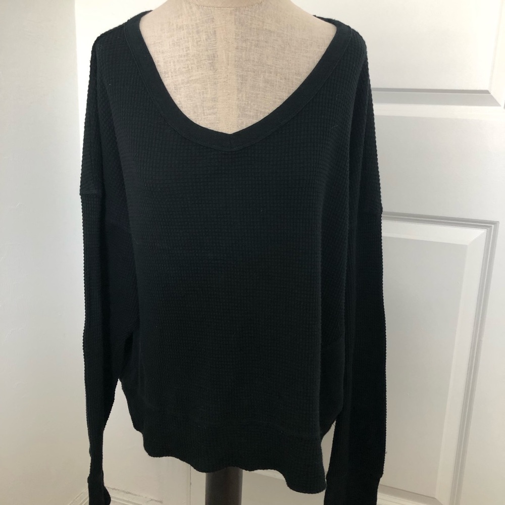Aerie Waffle Knit Black V-Neck Long Sleeve Top